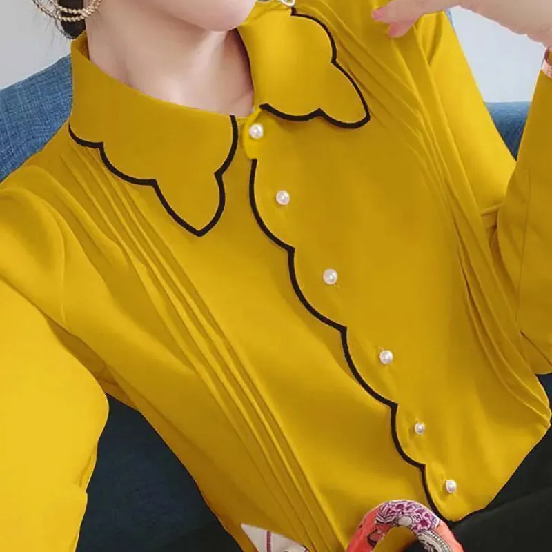 

Chiffon Shirt Women's Autumn Winter New Thin Long Sleeve Fashion Loose Polo Collar Solid Single Breasted Large Office Lady Top