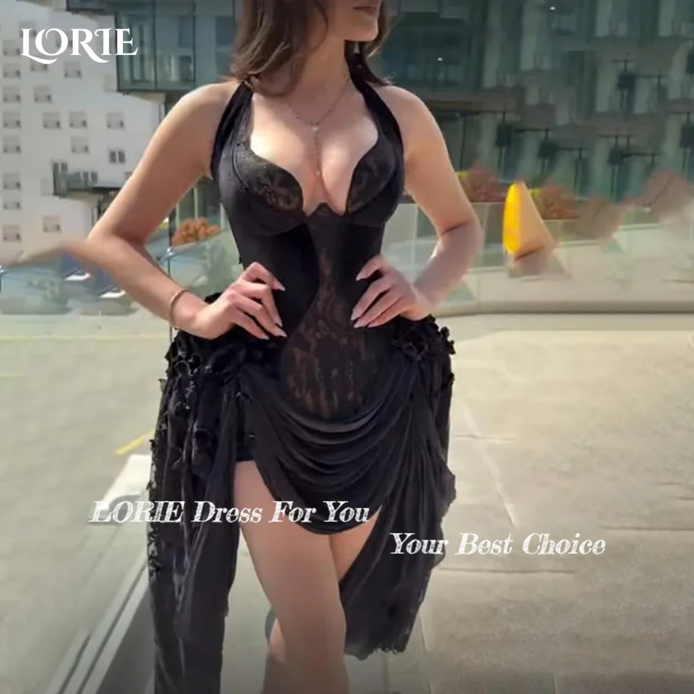 Фото Кружевные мини-платья LORIE для вечеринок с 3D цветами, элегантные, с глубоким V-образным вырезом, плиссированные, фасон «русалка», с оборками, на заказ №2
