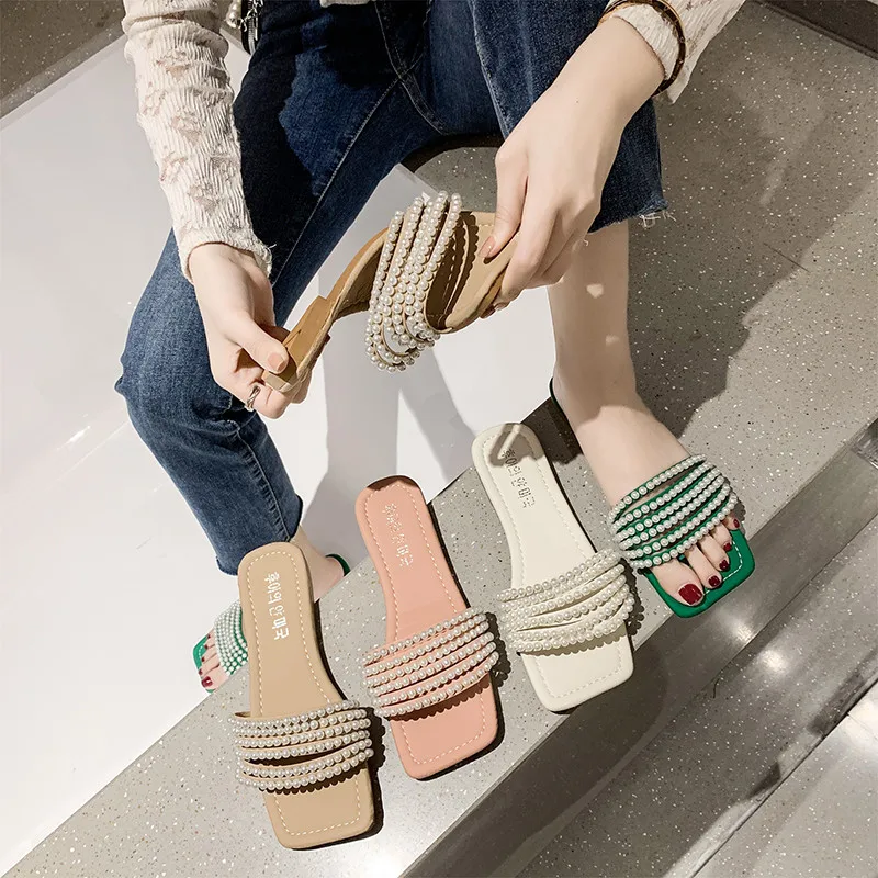 

Shoes Women Slippers Casual Pantofle Square Toe String Bead Slides Rubber Flip Flops Soft Luxury 2022 Hawaiian Flat Basic PU