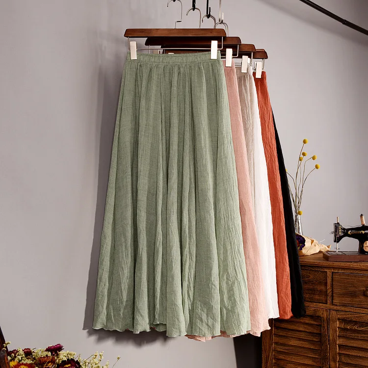 

Women's Elegant 16 Color High Waist Elastic Waist Linen Pleated Long Skirts Ladies Slim Casual Skirt Saias New 2022 Summer SK05