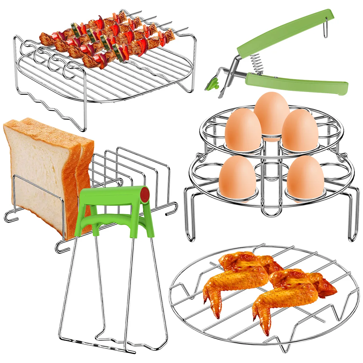 

10Pcs Air Fryer Accessories Set Stainless Steel Air Fryer Accessories with Toast Rack Steam Rack Skewers Grill Double Egg Rack