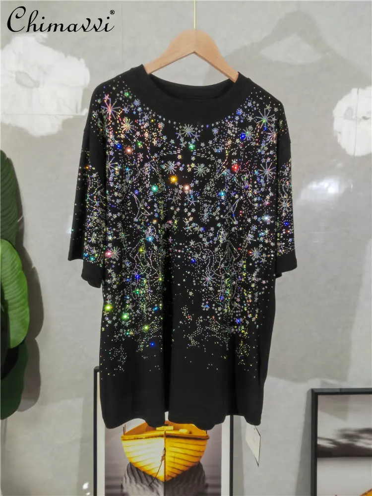 

Heavy Hot Drilling European Short-Sleeved T-shirt Women's Fashion Round Neck Pullover Front and Rear Full Diamond Tshirt Summer