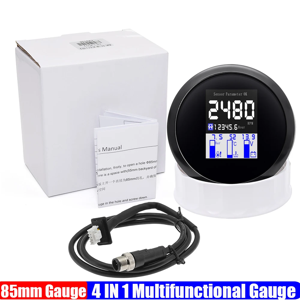 

NMEA2000 Многофункциональный манометр 4 в 1 85 мм с сигнализацией, цифровой тахометр, напряжение, температура воды, манометр, лодка, яхта, индивидуальный заказ