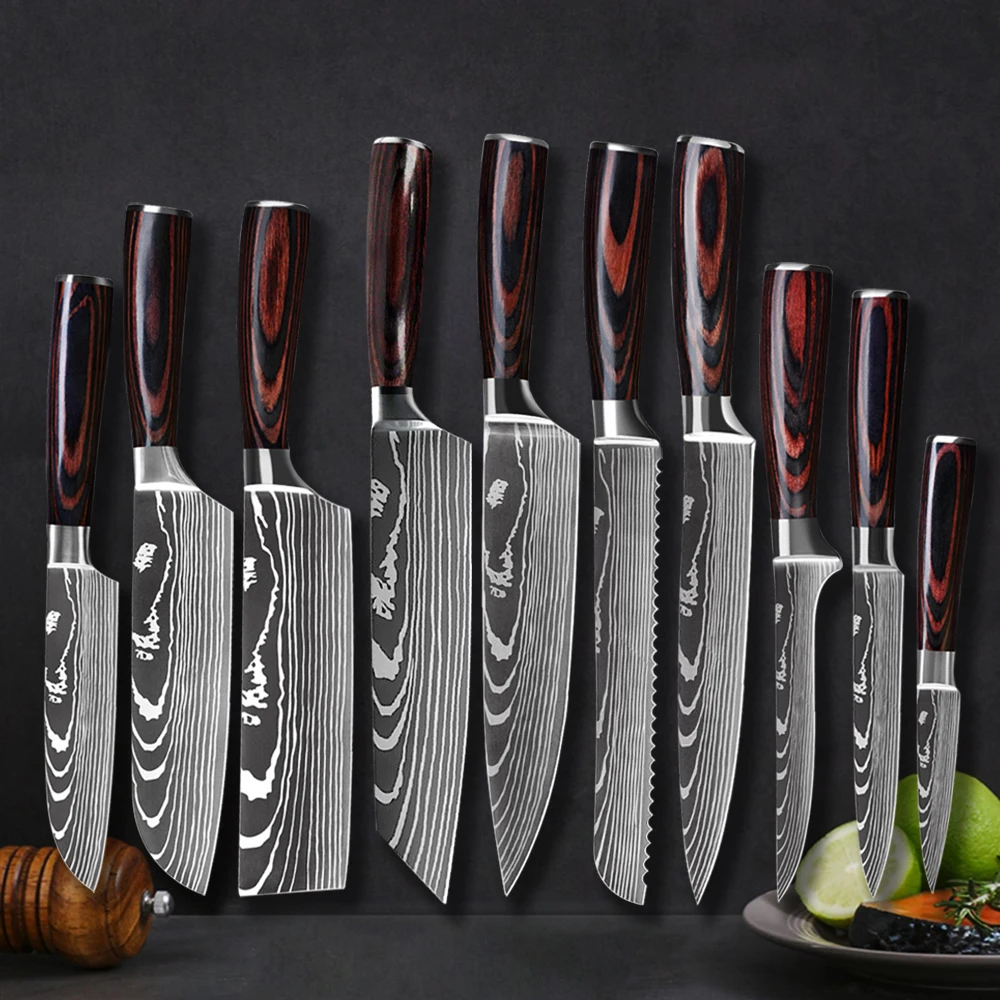 

1-10PCS Kitchen Knives Stainless Steel Laser Damascus Chef Knife Japanese Santoku Cleaver Fish Meat Fruit Paring Utility Knife
