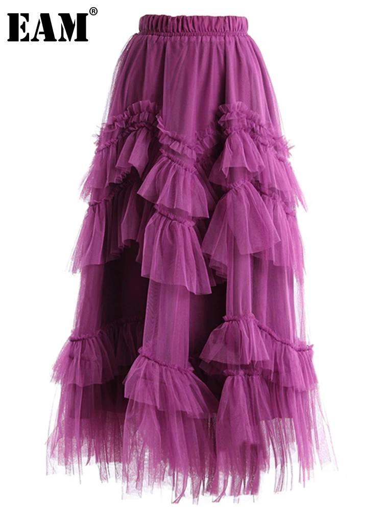 

[EAM] Mesh Spliced Wave Type Pleated Purple High Waist Half-body Skirt Women Fashion Tide New Spring Autumn 2022 1DD3230