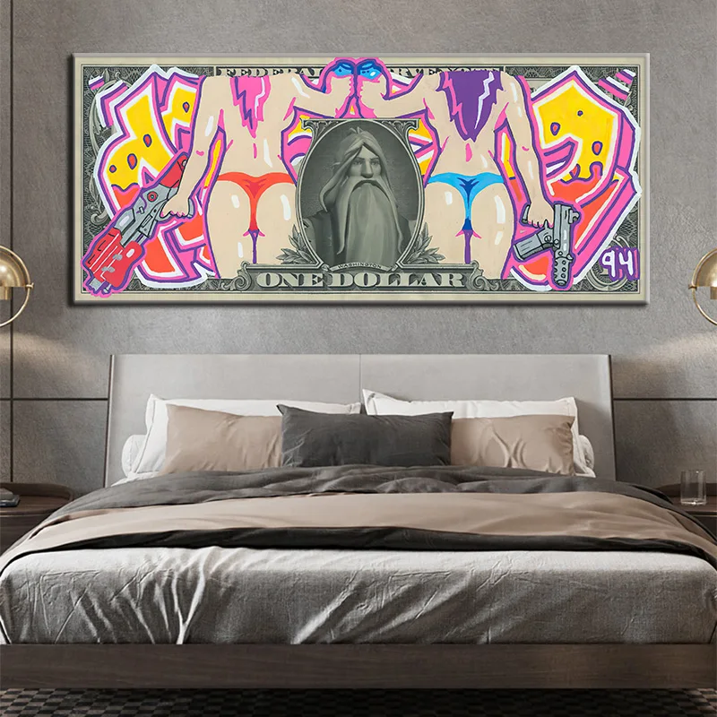 

Sexy Nude Women Holding Gun Canvas Paintings One Dollar Money Pictures Wall Art Posters and Prints for Living Room Bedroom Decor