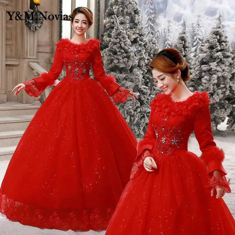 

New Spring Korean Off White Red Romantic Winte Long Sleeve Wedding Dress Pregnant Bride Plus Size Wedding Gowns Vestidos Novias