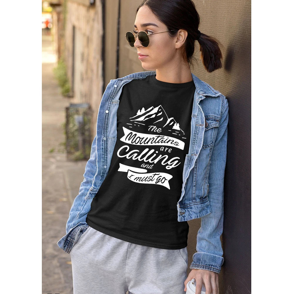 

The Mountains Are Calling and I Must Go T-shirt Mountain Hiking Mountaineer Women Top Nature Camping T Shirt Graphic Tees Female