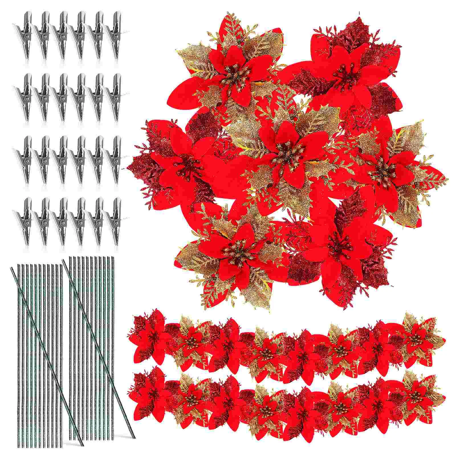 

24 Pcs Glitter Christmas Flower Xmas Ornaments Decorations Crafts Poinsettia Flowers Decorative Artificial Accessories Tree