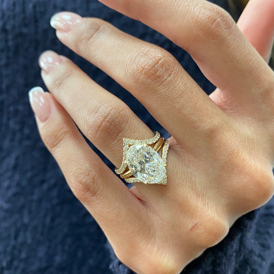 

AEAW 14K Yellow Gold Oval Cut Lab Grown Diamond Engagement Ring 4 Carat CVD diamond ring Lab Diamond Engagement Ring Set IGI