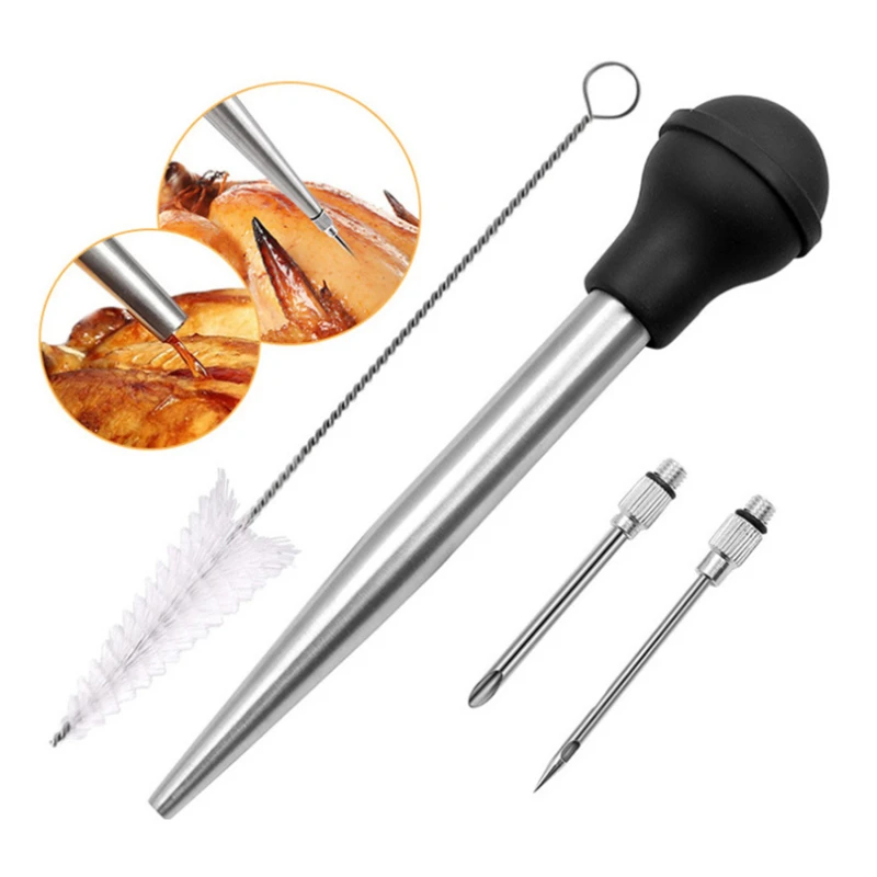 

Turkey Baster Set With Silicone Bulb Stainless Steel Syringe Needles Cleaning Brush BBQ Barbecue Seasoning Tool