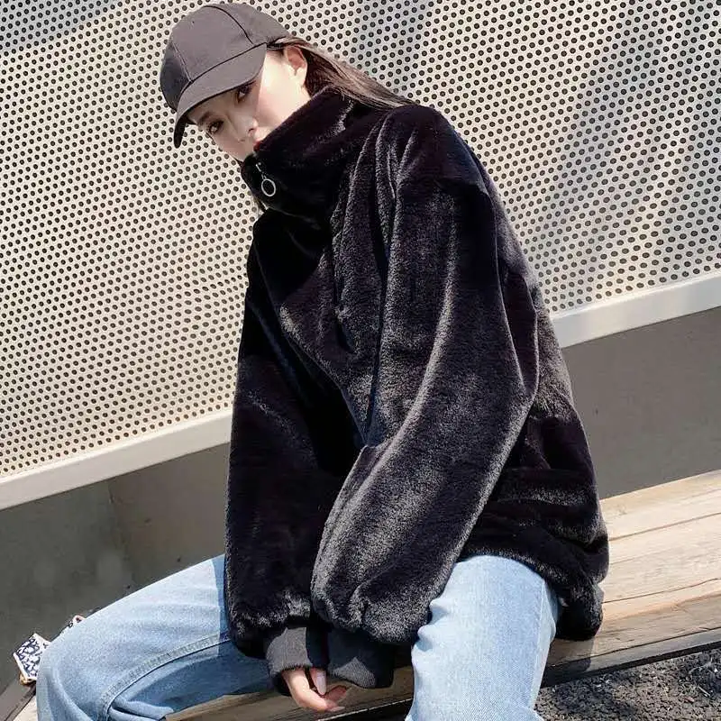 Women's Faux Fur Coat Super Hot Coat Pullover Snow Outercoat Sweatshirt Loose Korean Fashion Faux Rex Rabbit Sweatshirt New
