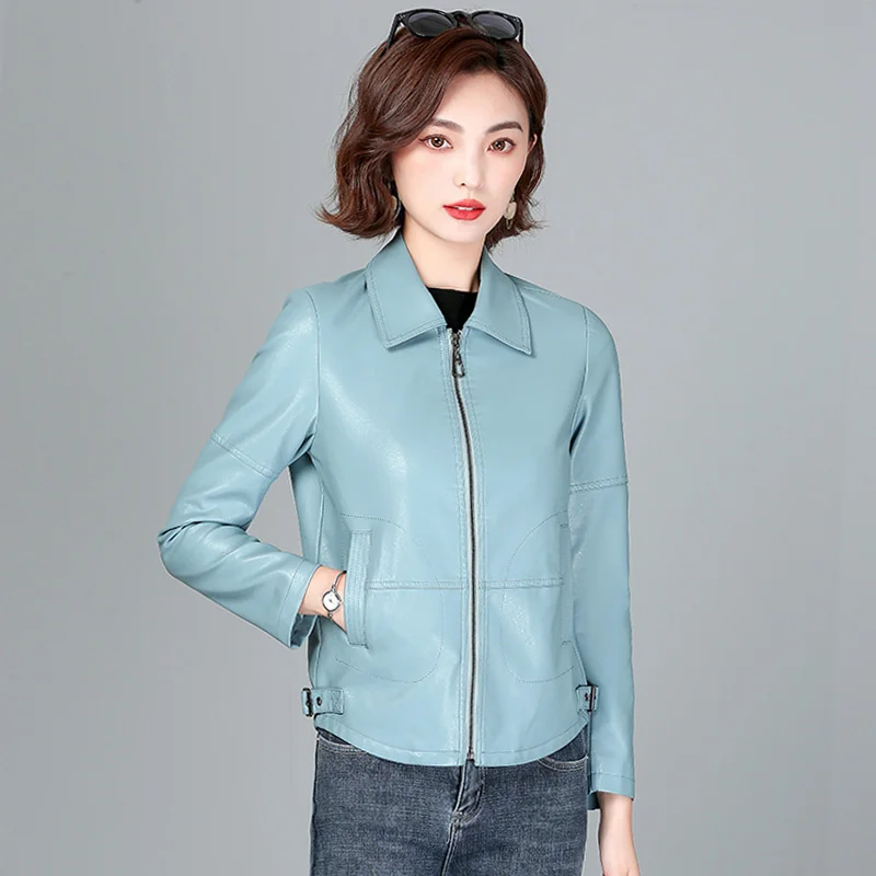 Women Sheepskin Jacket New Spring Autumn 2023 Fashion Casual Long Sleeve Short Zipper Leather Coat Loose Split Leather Outerwear