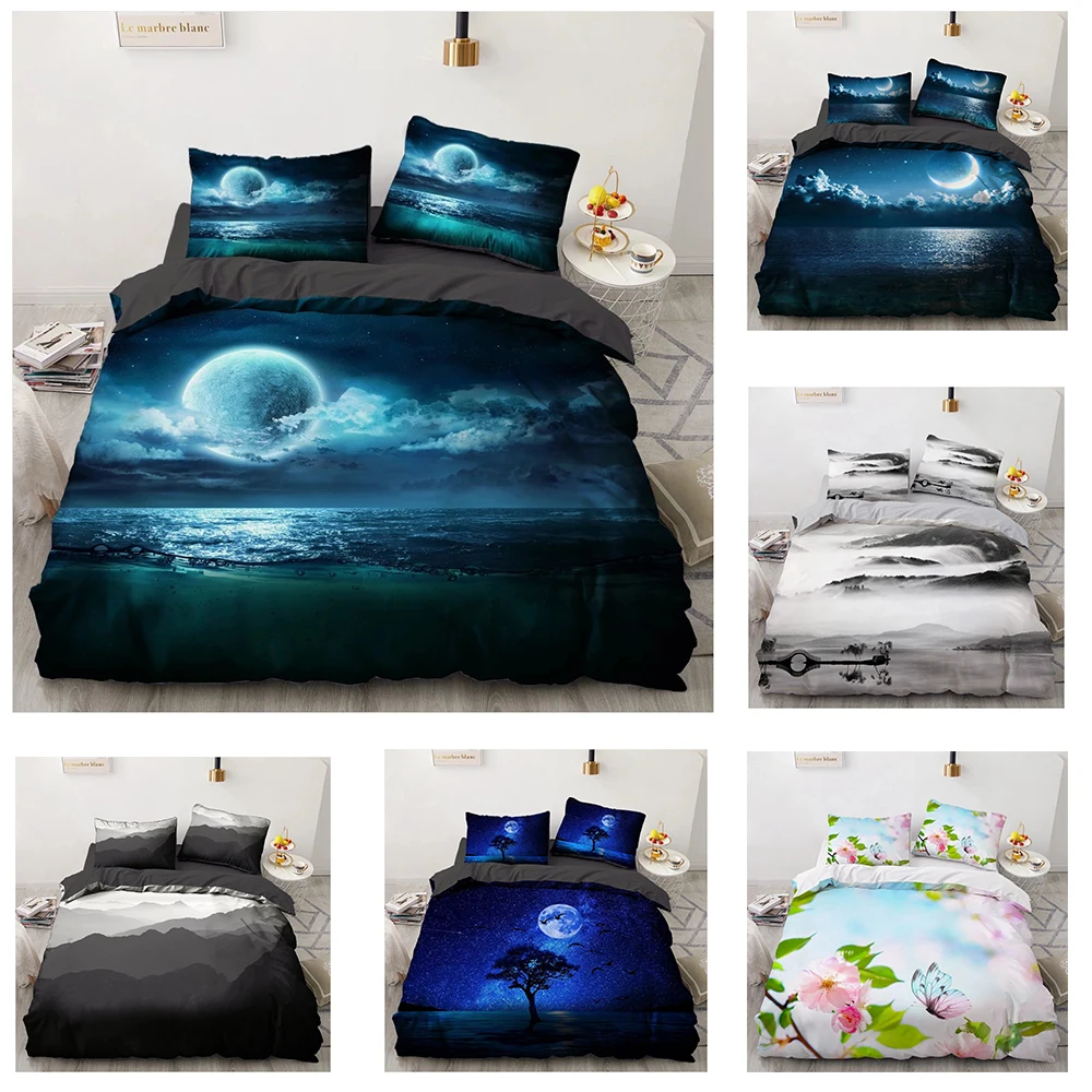 

Blue Ocean Duvet Cover Sets Moon Scenery Queen Bed Linen Pillowcases Soft Bedding Set Design Custom Quilt Case Home Textile