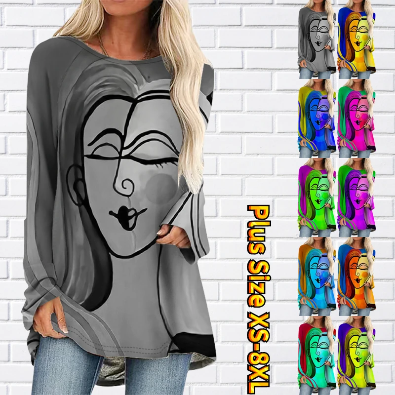 

Inkjet Long Sleeved Anime Print Bag Buttock Round Neck Women Blouse Outside the Basic Everyday Style XS-8XL