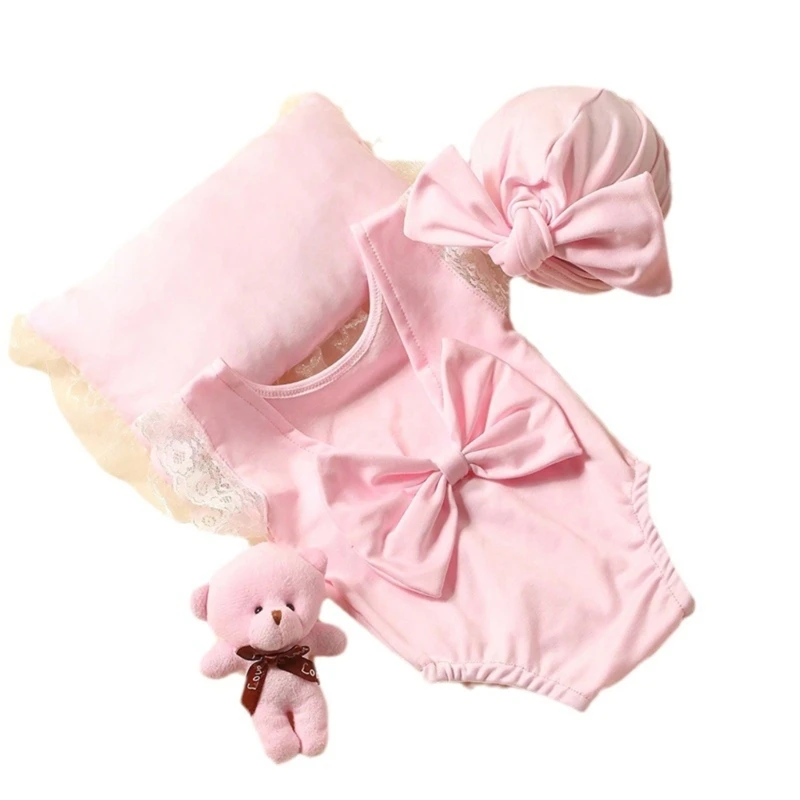 

Photoshooting Clothes for Baby Girl 0-1M Infant Beanie Pink Lace Jumpsuit Monthly Party Photo Suit Newborn Photo Costume