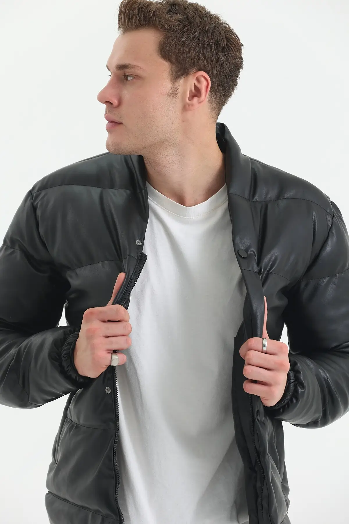

Male Cut Collar Leather Inflatable Coat