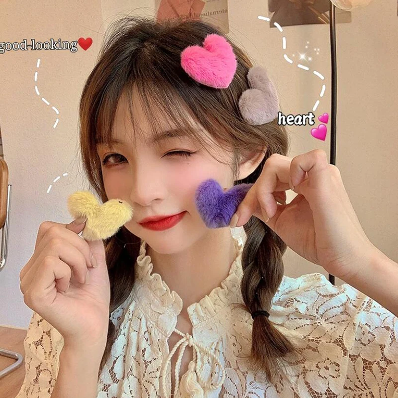 

Fashion Love Heart Plush Hair Clips Women Girls Candy Color Artificial Fur Barrettes Sweet Hairpins Hair Accessories Hairwear
