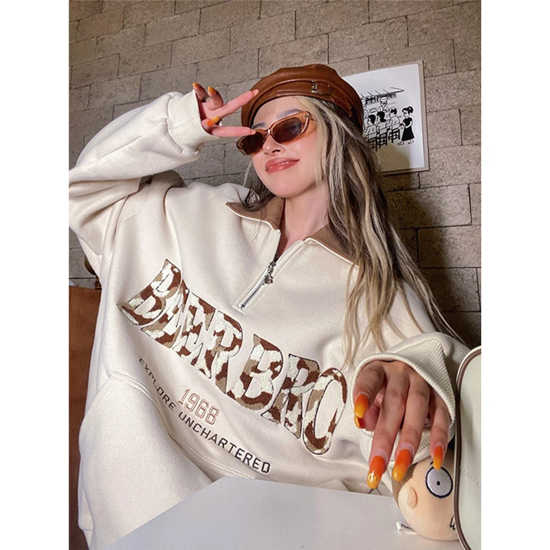 

Korean Fashion White New POLO Collar Baggy Sweatshirt Women Fleece Thicken Letter Printing Street Long Sleeves Pullover Tops