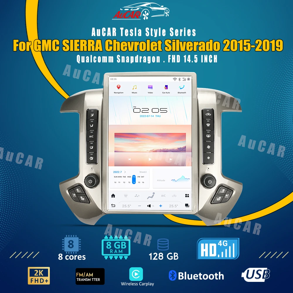 Автомобильная Мультимедийная система AuCar, мультимедийный стереоплеер на Android 11, 14,4 дюйма, с GPS-навигацией, для GMC, SIERRA, Chevrolet Silverado, 2015-2019