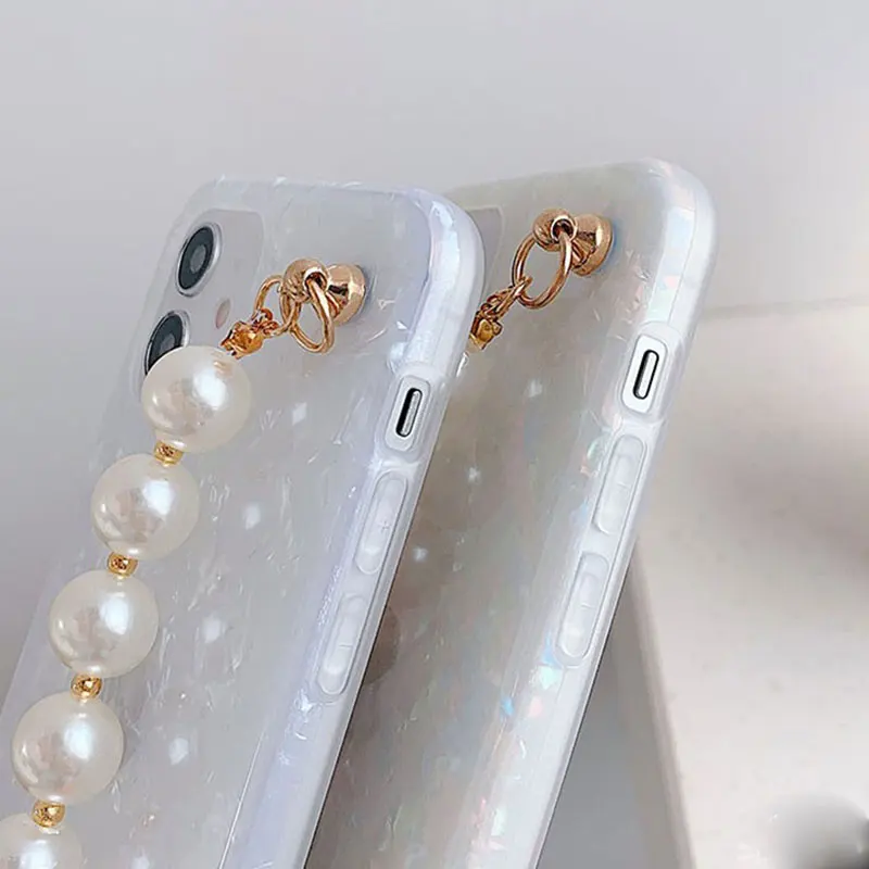 Cute Pearl Bracelet Wrist Chain Case For Redmi Note 11 10S 9S 8A 11T Lite Pro Conch Pattern For Xiaomi PocoX3 Pro 11 Lite Cover