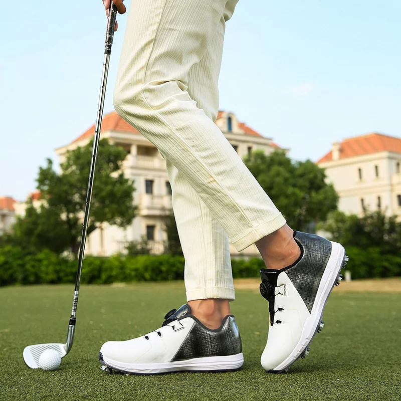 Professional Spike Golf Shoes Men's White Jogging Walking Sneakers Outdoor Grass High Quality Swivel Buckle Golf Sneakers