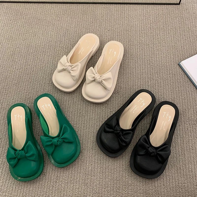 

Женские повседневные шлепанцы, уличные сандалии на плоской подошве, с бантом, без застежки, большие размеры 35 ~ 40, лето 2022