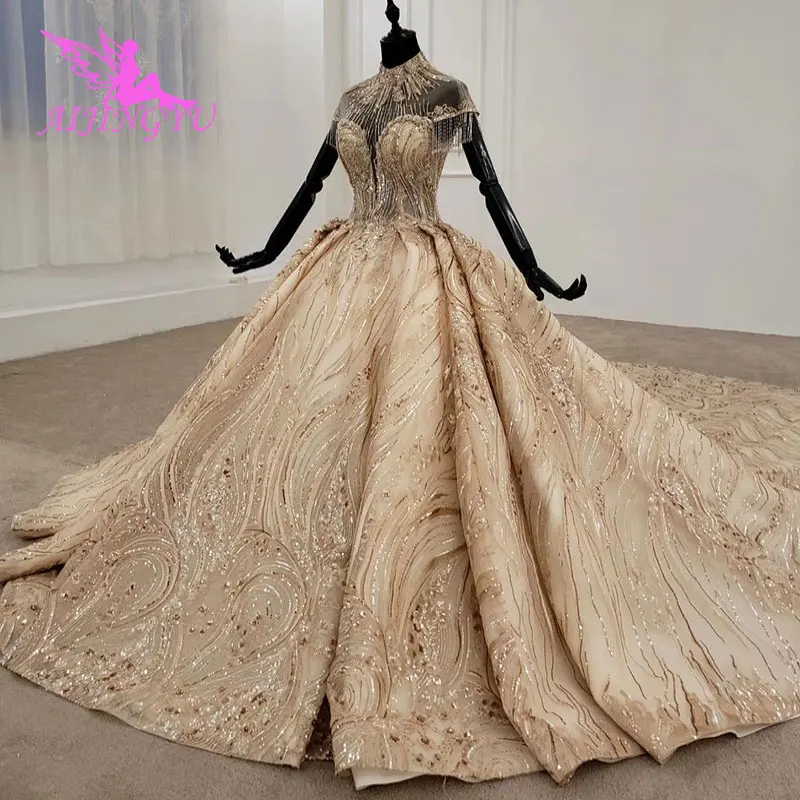 

AIJINGYU Rustic Wedding Dress Long Sleeve Modest Golden Corset Simple Luxury Real Lace Bridal Gowns