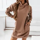 Женское однотонное Платье-свитер с капюшоном, с карманами