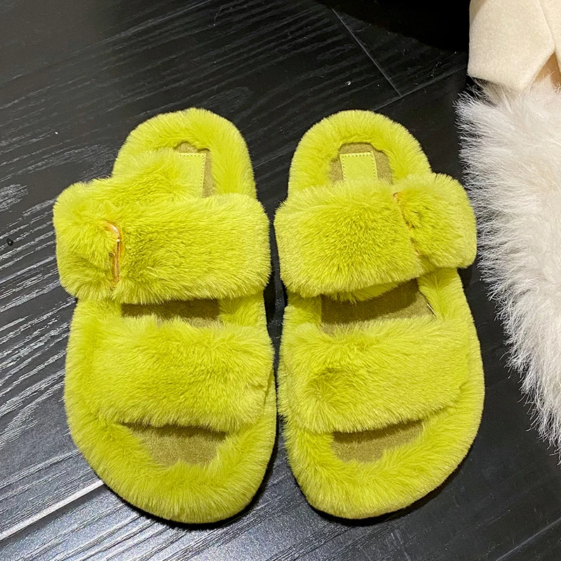 

Fashion Warm Furry Rubber Slippers Women Home Cotton Shoes Ladies Plush 2022 Indoor Round Toe Casual Outside Female Flats