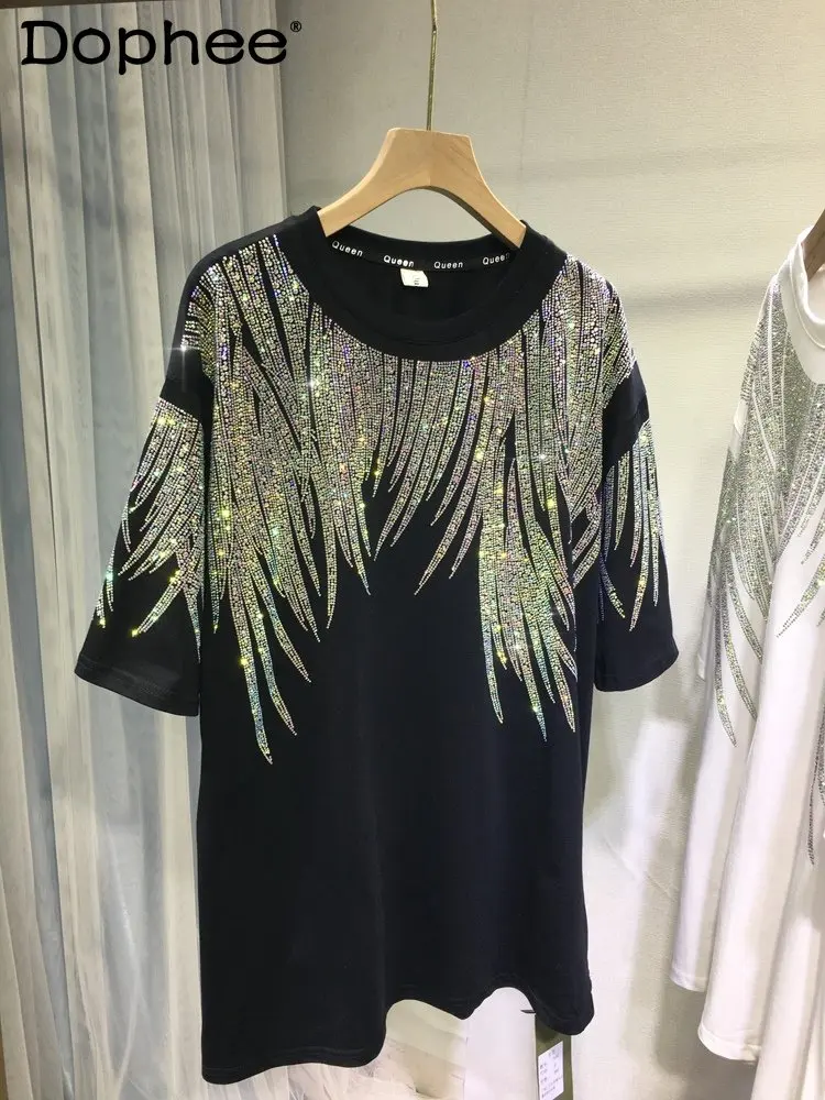

Heavy Embroidery Hot Drilling T-shirt Man Women Couples Wear Shiny Loose Oversized Mid-Length Black T Shirt Summer Cotton Tops