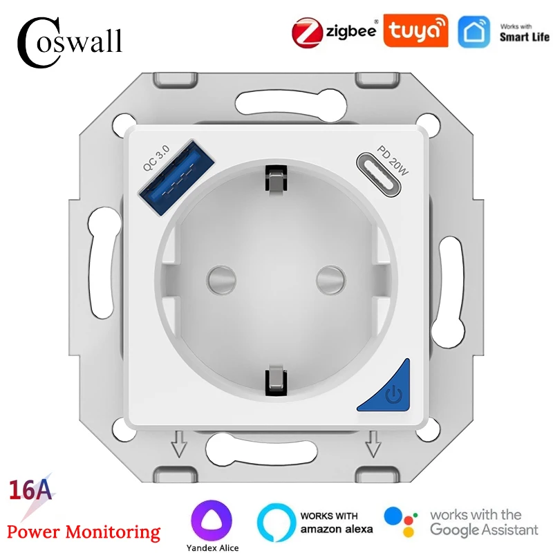 

Coswall S-01OG Белая умная розетка с PD 20Вт Type-C и двойным USB зарядным устройством