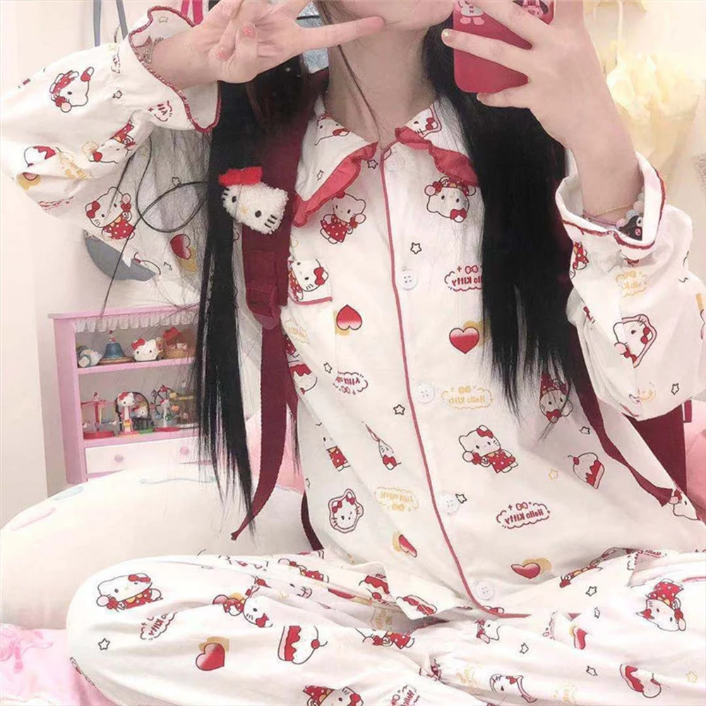 

Kawaii Sanrioed Hello Kitty Женская пижама из мультфильма Летняя женская пижама с длинным рукавом женская пижама подарок для девочек