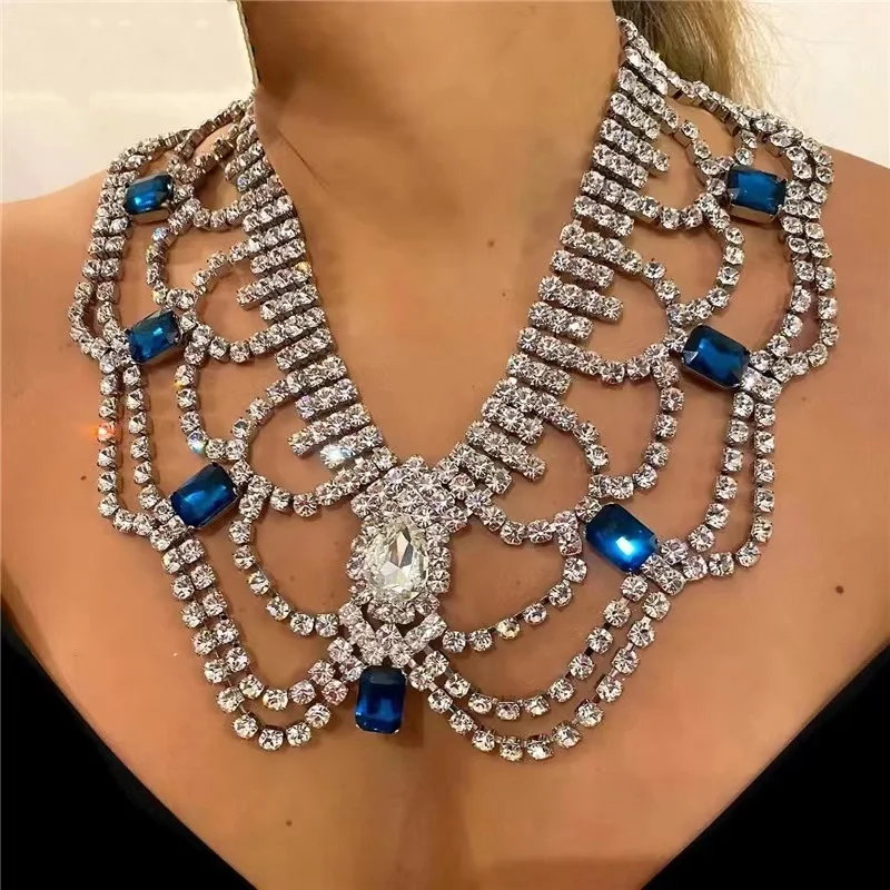 

Bohemian Luxury Multi-layer Rhinestone Drop Pendant Choke Necklace Girls Fashion High Grade Shiny Crystal Necklace Jewelry Acces