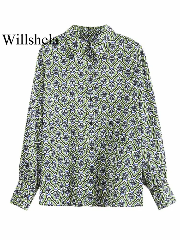 

Willshela Women Fashion Printed Single Breasted Blouse Vintage Lapel Neck Long Sleeves Female Chic Lady Shirts