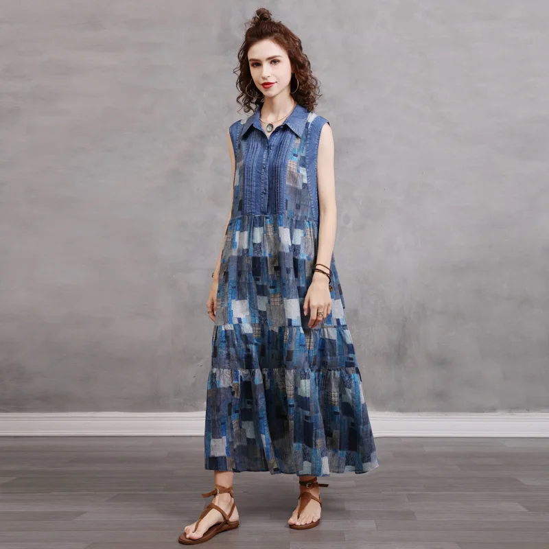 

2022 summer new upscale Vintage printed Plaid Shirt patchwork dress large Vest Large skirt women