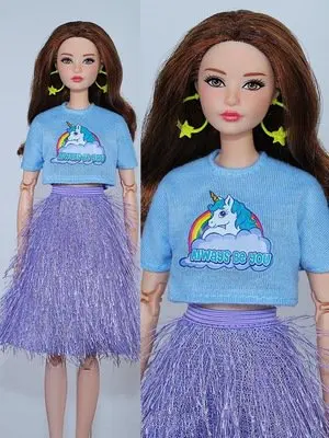 

1/6 голубая рубашка, короткий топ, юбка с бахромой для платья Барби, Одежда для куклы Барби, комплект одежды, аксессуары для кукол 11,5 дюйма, под...