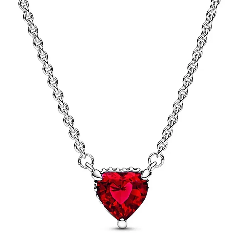 

Original Red Heart With Crystal Necklace For 925 Sterling Silver Bead Charm Bracelet Bangle Valentine's Day DIY Jewelry