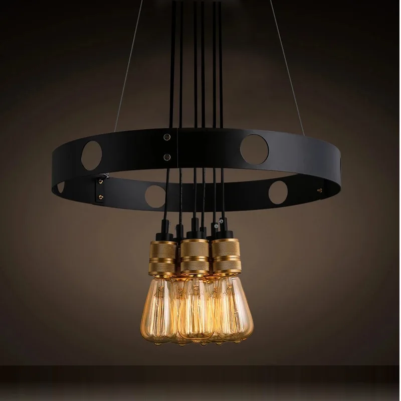 European Retro Industrial Style Wrought Iron Round Living Room Dining Room Lamp Creative Corridor Aisle LED Pendant Lamps
