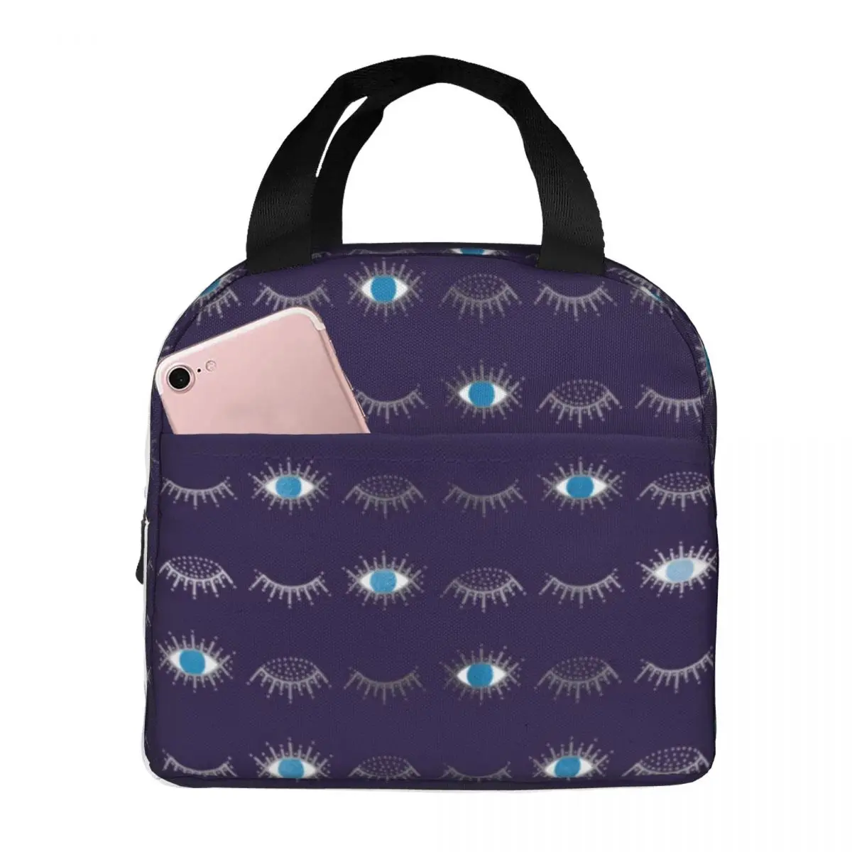 

Blue Evil Eye Lunch Bag with Handle Nazar Mati Print Food Cooler Bag Cute Carry School Thermal Bag