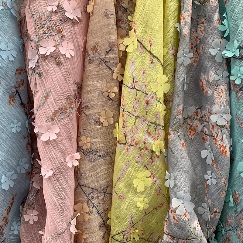 

3D Embroidery Flower Tulle Mesh Fabric Fairy Style Spring Summer Dress Making Fabric 50cmx130cm