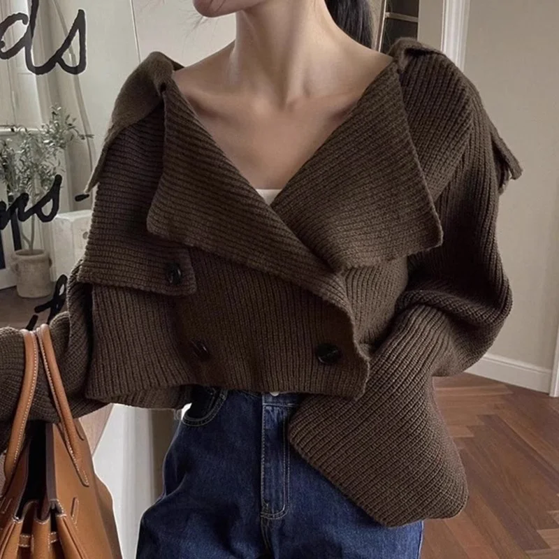 

Women Vintage OL Turn-down Collar Cardigans Korean Solid Knitted Jackets Loose Breasted Short Sweaters Female Knitwear 406