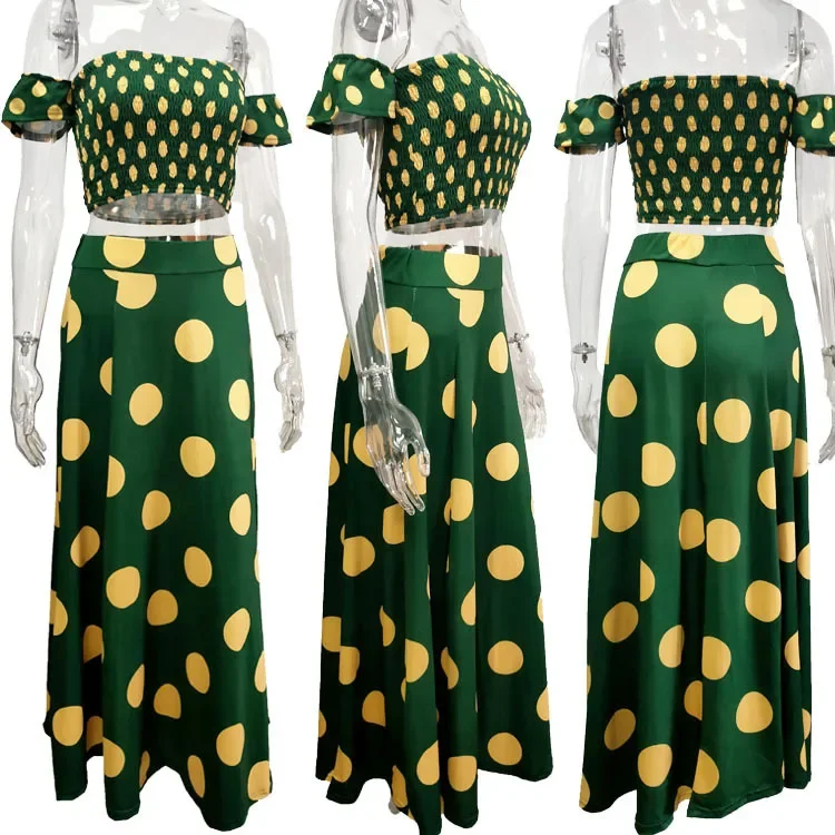 Women 2pcs Clothes Set Short Sleeve Slash Neck Printed T Shirt Top &amp High Split Long Skirt Ankle Length Sexy