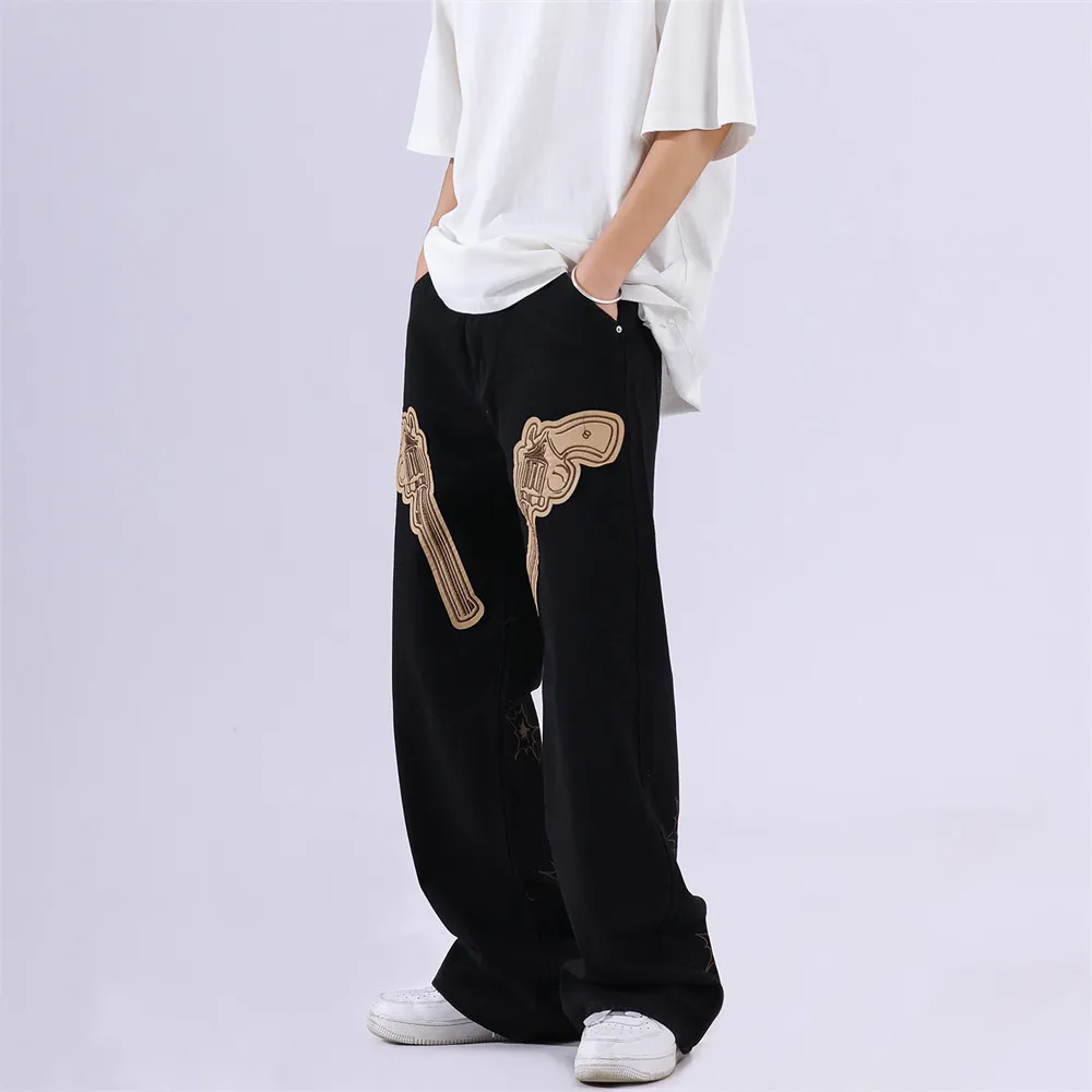 Vintage Embroidered Double Gun Loose Denim Jeans Mens Oversized Goth Punk Rock Fashion Straight Through Wide Leg Casual Pants