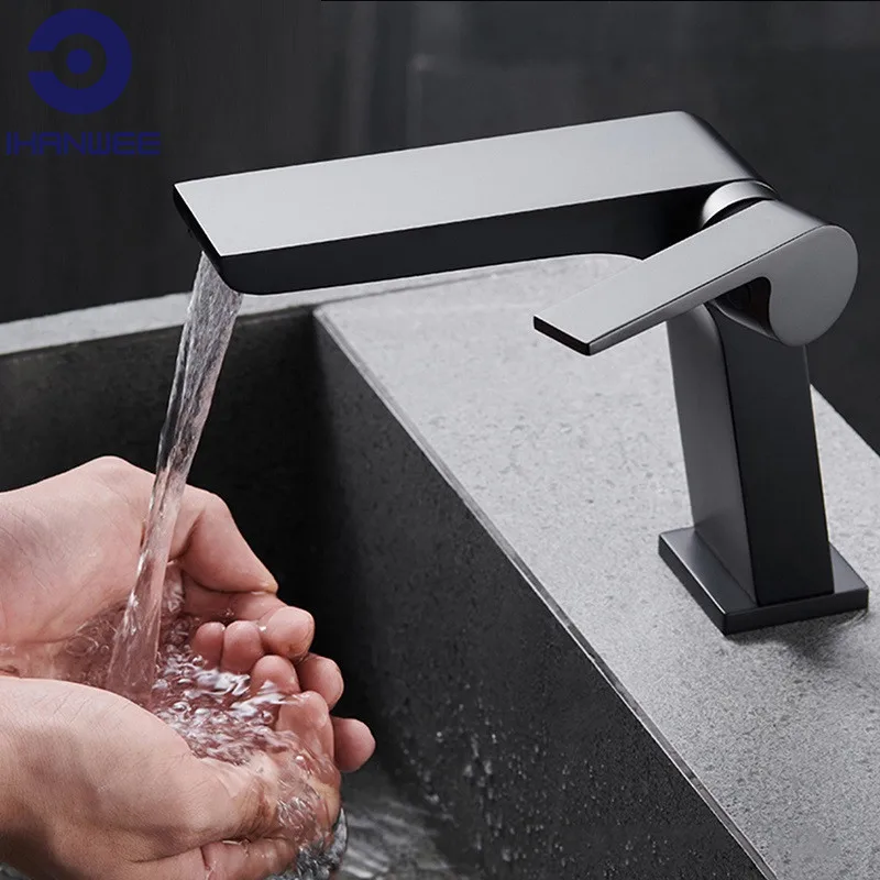 

Brass Basin Faucet Gun Gray Hot Cold Mixer Sink Tap Black Bathroom Waterfall Deck Mounted Single Handle Washbasin Taps Crane New