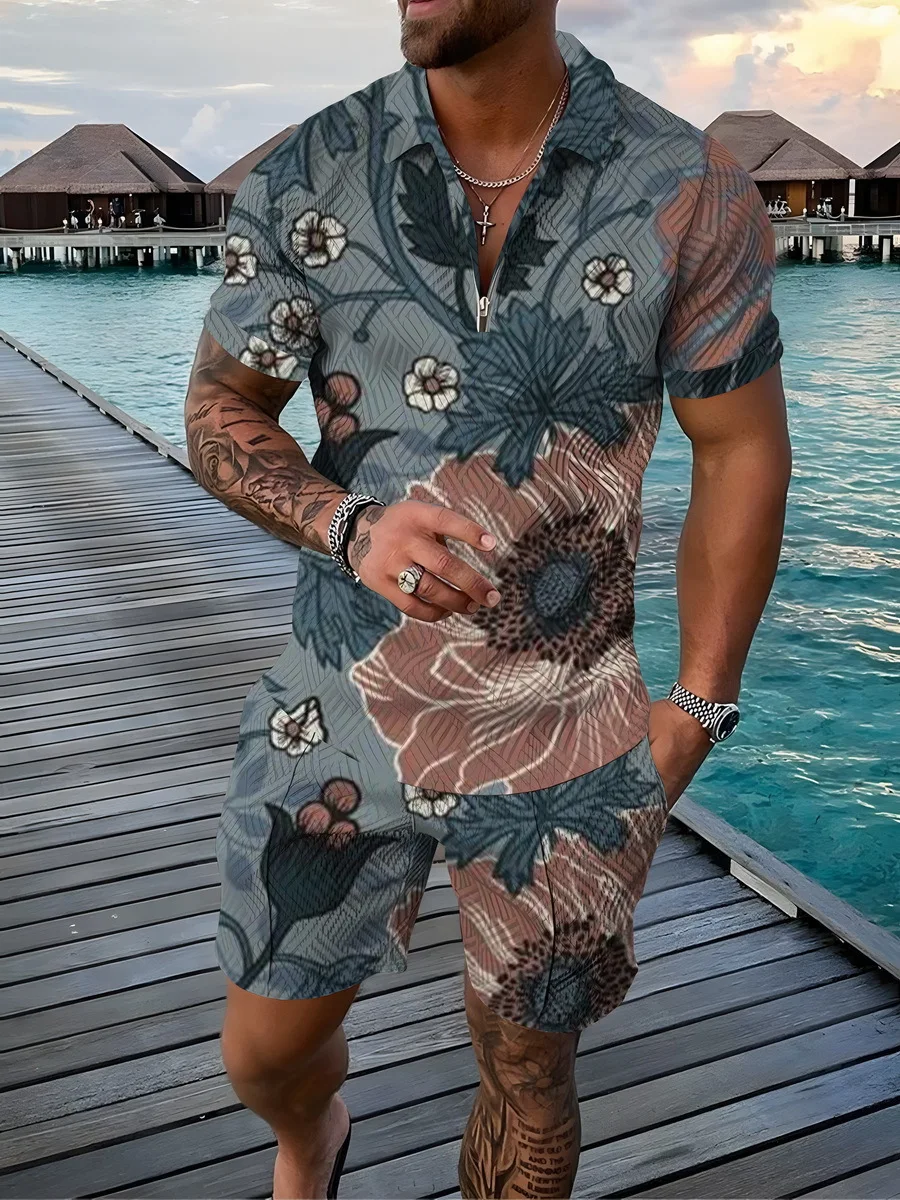 Summer Men Short-sleeved Polo Shirt Beach Shorts 3D Printed Zip-Collar Sports 2-piece Set High Quality Casual Fashion Polo Shirt