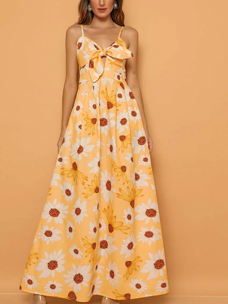 

Sexy Sling Backless Hollow Beach Dress Women Fashion Floral Printed V Neck Lace-up Long Dress Ladies Summer Off Shoulder Dresses