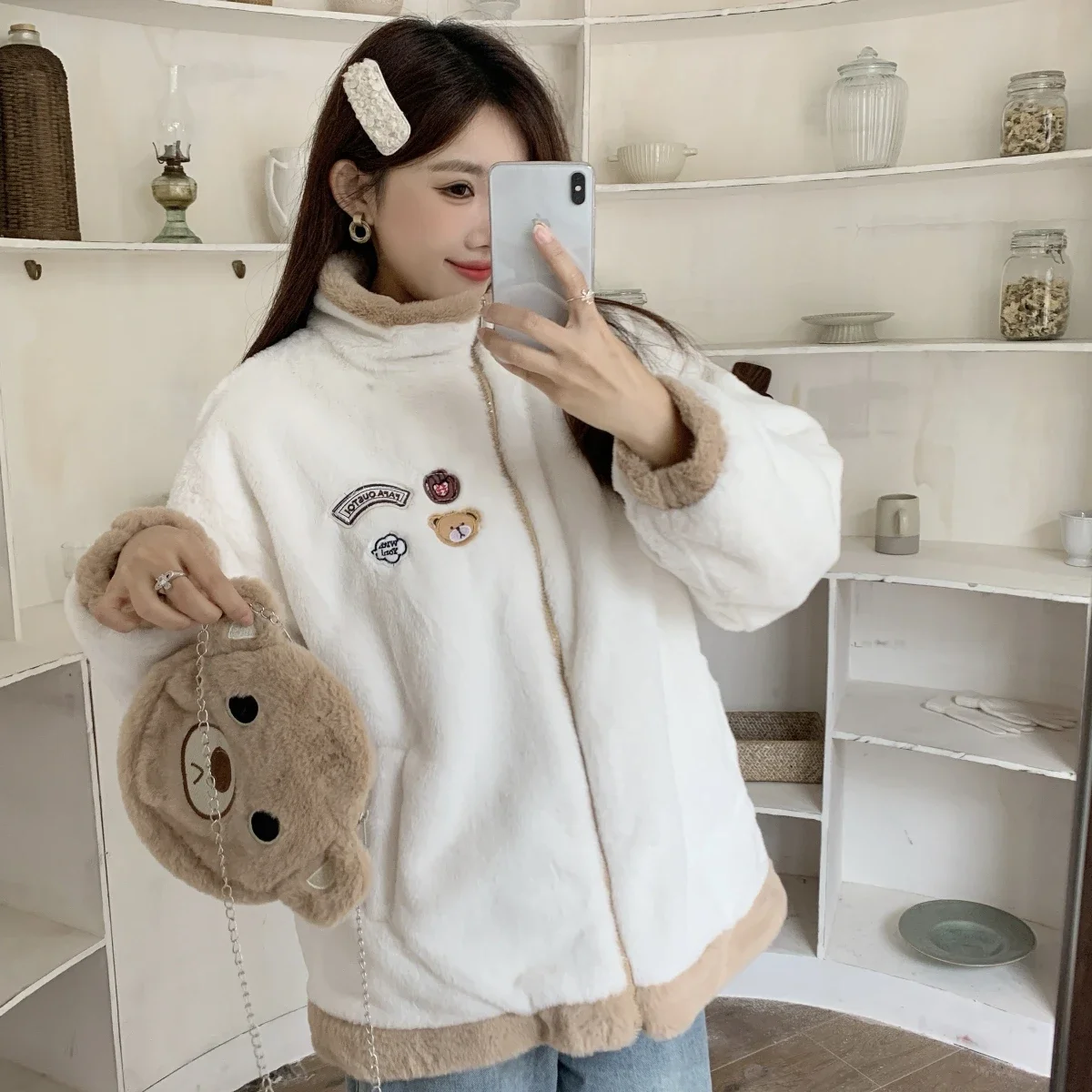 Женские плюшевые толстые теплые куртки с длинными рукавами и вышивкой осенние