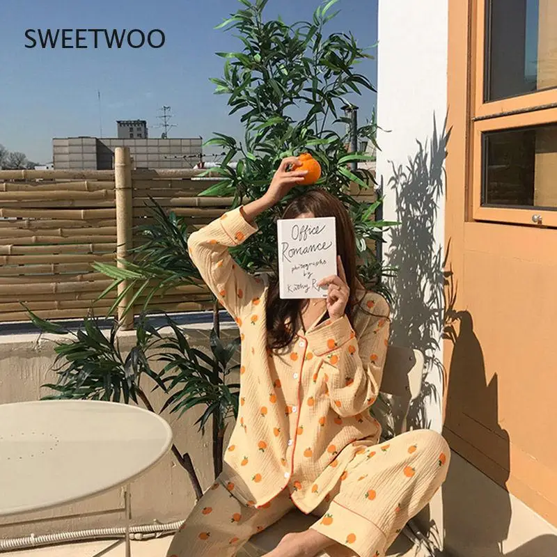 Cotton Home Suit Korean Sleepwear Orange Print Pajamas Women Autumn Pijama Pyjamas Long Short Sleeve 2 Piece Set Nightwear