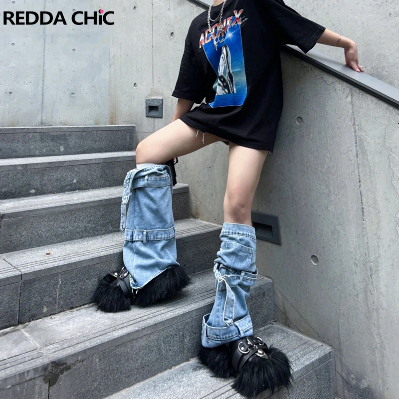REDDACHiC Women's Gaiter Denim Leg Warmers Y2K Grayu Streetwear Drawstring Straps Boots Cover Long Knee-high Socks Acubi Fashion